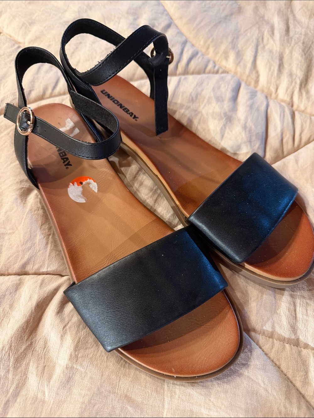 UNIONBAY Black and Tan Women's Ankle-Strap Slide Sandals
